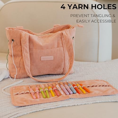 KIBAGA Stylish Yarn Bag for Crochet and Knitting Projects - Corduroy Crochet Organizer with 4 Interior Pockets and Yarn Holes - Perfect for Storing Hooks, Needles and Crafting Accessories