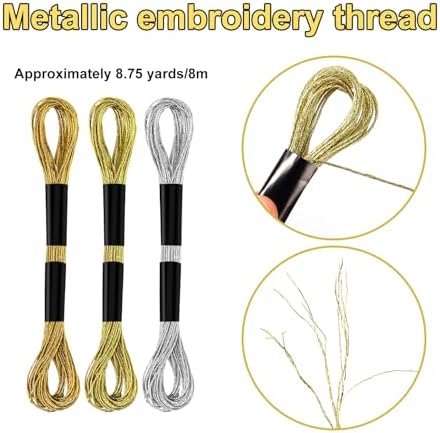 6 Skeins Metallic Embroidery Threads (Gold+Light Gold+Silver)