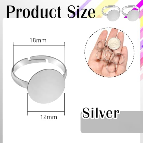 TOAOB 60pcs Blank Rings Silver Plated Adjustable Flat Rings with Blank Base Jewelry Findings
