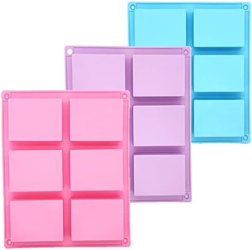 3 Pack Silicone Soap Molds 6 Cavity Rectangle for Craft Soap, Muffin, Loaf, Cornbread, Cake, Chocolate & Ice Cube Trays (Blue, Pink, Purple)