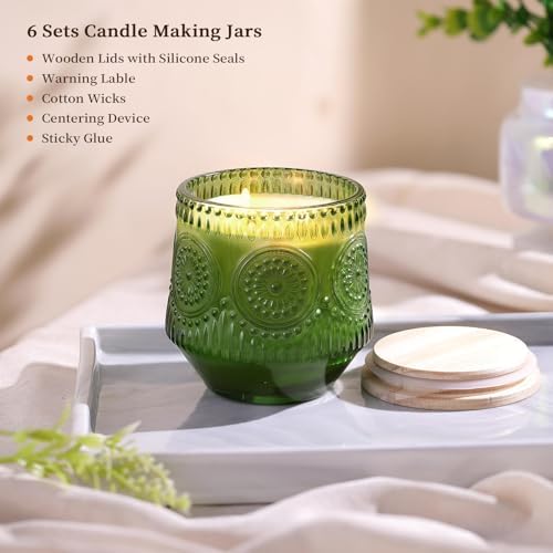 LAMORGIFT 6 Pack Large Green Candle Jars - 13.5oz Glass with Wooden Lids and Labels, Empty Jars for Candle Making Supplies