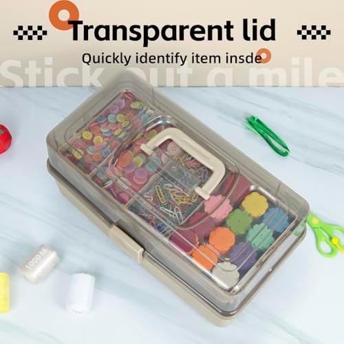 TERGOO 14in 3-Layer Multipurpose Craft Organizers and Storage with Adjustable Dividers, Portable Tackle Box, Folding Art & Craft Case for Medicine, Tool, Sewing Organizer (Brown, X-Large)