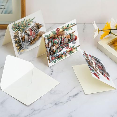 antor 6-Pack Squirrel Christmas Diamond Painting Cards – DIY Diamond Art Greeting Card Kit with Envelopes, Holiday Rhinestone Craft for Adults