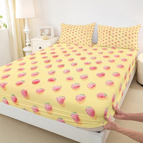 Cute Strawberry Pattern Bed Sheet Set Full Size Pink Cute Fruit Theme Mattress Cover Rustic Warm Style Sheets for Boys Girls Bedroom Yellow with Flat,Fitted Sheet Pillowcase 4Pcs
