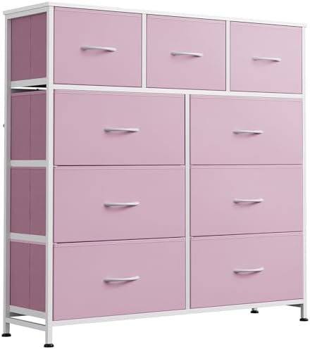 WLIVE 9 Drawer Dresser for Bedroom, Tall Chest of Drawers, A-Pink | 9 roomy fabric drawers, Tall storage design, Bedroom or closet use, Sturdy steel frame, Smooth wood tabletop