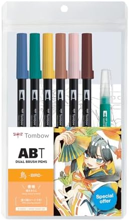 Tombow 72561 Dual Brush Pen Art Markers, Manga Illustration, Bird 6-Pack