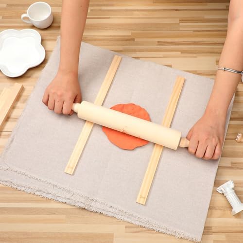Newtay 12 Pcs Pottery Tools Include 1 Wood Rolling Pin Sculpting Polymer Clay Tools 1 Portable Pottery Wedging Board/Linen Tablecloth and 10 Pcs 5 Size Teaching Rolling Mud Stick Guide (Tablecloth)