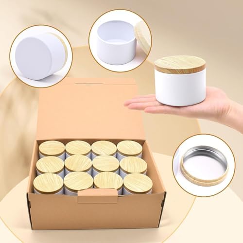 24-Pack 8oz Candle Tins with Wood-Grain Printing Lids, Metal Candle Jars for Candle Making, Empty Containers Vessels Bulk for Small Business & Beginners DIY Storage -Wood White