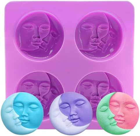 Sun and Moon Silicone Soap Molds 4 Cavity Crescent Moon Face Silicone Soap Mold Bath Bomb Molds for Homemade Lotion Bar Polymer Clay DIY Candle Resin Making Wax Candy Chocolate
