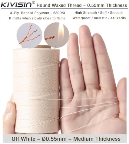 Bonded Waxed Polyester Thread for Leather Sewing, 0.55mm, 440 Yards, Off-White, 3-Ply Wax Cord for Stitching, Bookbinding, Upholstery, Beading, Crafting, Macrame Jewelry and Bracelet Making