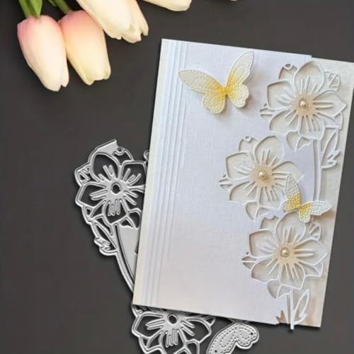 Scrapbooking Die-Cuts, Layer Frame Net Set Metal Cutting Dies for Card Making, Paper Craft Template, Background Embossing Stencils, DIY Album Décor (Flowers and Butterflies- 6.8x14cm)