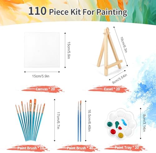 20 Pack 5.9In Canvas Boards for Painting, Art Canvas for Drawing with 10 Brushes & 5 Paint Trays, Mini Painting Canvas with Easel Set, Painting Kits for Adults Party