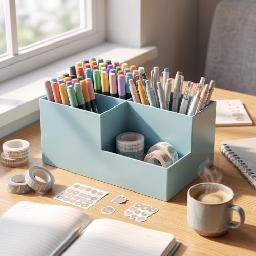 Jekelife Desk Organizer,3 Compartment Desktop Organizer, Multi-Functional Stationery Pen Holder for Office Supplies Blue