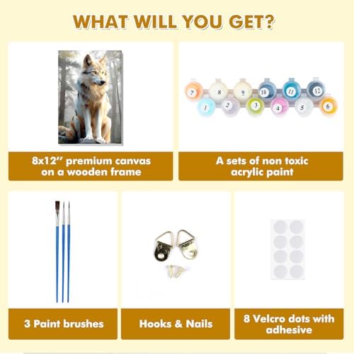 Bowetile Framed Wolf Paint by Numbers Kit for Adults, Adults' Paint-by-Number Kits on Canvas, Painting by Numbers Animal, Acrylic Animals Number Painting for Home Wall Decor, 8x12in