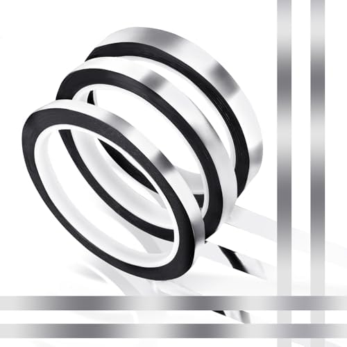 164 Yard Silver Metallic Tape, Decorative Self Adhesive Masking Tape Metallic Mirror Tapes for Wall Decor Graphic Art Tapes Crafts for Car Furniture Graphic Arts Walls Decor (1.27/1/0.67cm, 3 Roll)