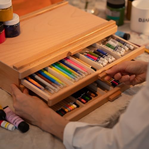 DJAR 4-Drawer Beech Wood Art Supply Storage Box with Dividers, Natural