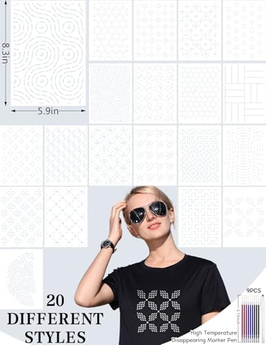 Gezan 20 Pcs Sashiko Stencils 8.3 x 5.9 Inch Plastic Sashiko Template Pattern Geometric Embroidery Stabilizers Drawing Line Template for Hand Quilting Sewing