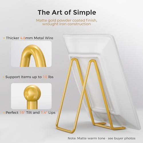 TR-LIFE Plate Stands for Display - 6 Inch Plate Holder Display Stand + Metal Frame Holder Stand for Picture, Decorative Plate, Photo Easel, Tabletop Art (Gold 2 Pack)