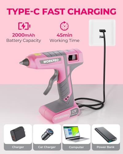 WORKPRO 12V Cordless Full-Size Hot Melt Glue Gun, Fast Preheating