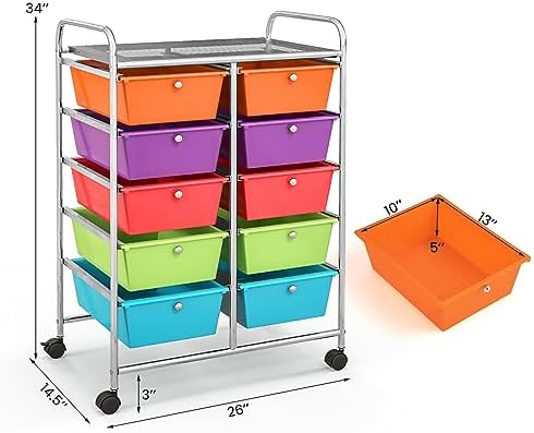 Giantex 10 Drawers Rolling Cart, Classroom Organizers, Storage Cart with Wheels, for Teacher Office Home School Supplies Tool Craft Art Paper, Rainbow Color