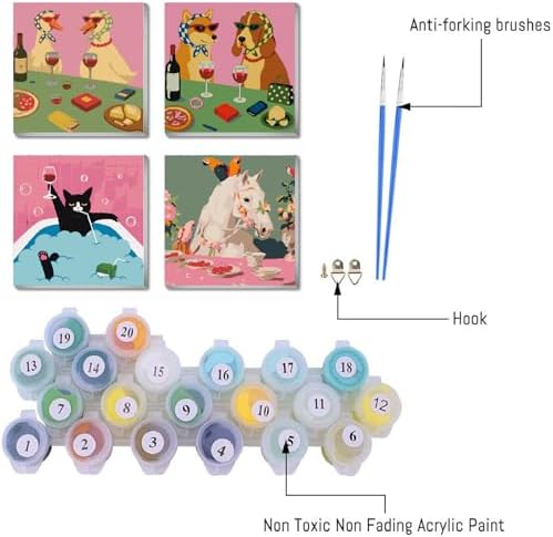 FQOVKYN 4 Packs Funny Animals Paint by Numbers Kit for Adults Beginner, Horse Paint by Numbers with Frame, DIY Crafts Painting by Number for Gift Home Wall Decor 8 * 8 inch