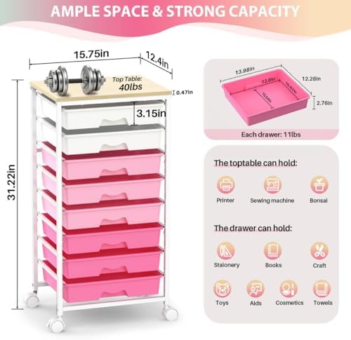 Goovilla Rolling Cart with 8 Drawers for Art, Dorm, Office, Craft, Pink