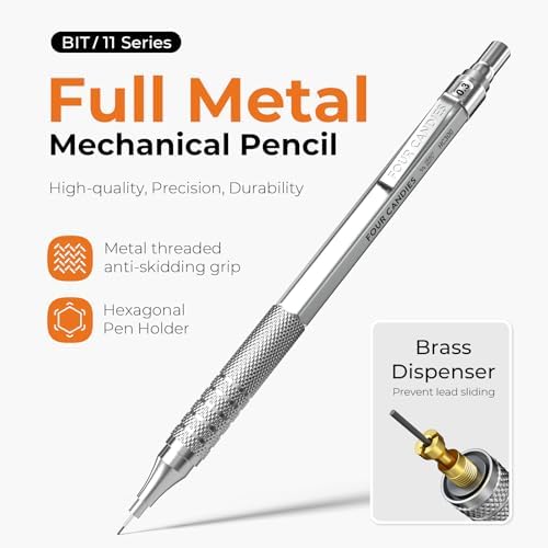 Four Candies Metal Mechanical Pencil Set, 4PCS 0.3, 0.5, 0.7, 0.9MM Mechanical Pencils & 2MM Drawing Pencil with 9 Tubes Lead Refills (4B 2B HB 2H Color) for Student Writing Artist Sketching - Silver