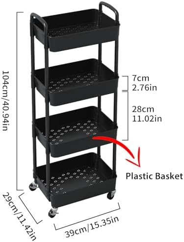 Sywhitta 4-Tier Plastic Rolling Utility Cart with Wheels for Storage, Black