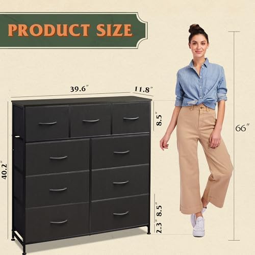 WLIVE Tall Dresser for Bedroom, 9 Drawer Chest of Drawers, Charcoal Black | 9 roomy fabric drawers, Tall storage design, Bedroom or closet use, Sturdy steel frame, Smooth wood tabletop
