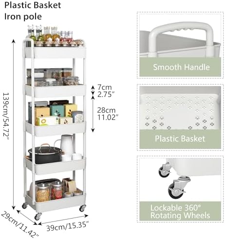 Sywhitta 5-Tier Plastic Rolling Utility Cart with Wheels for Storage,White