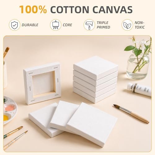 CONDA 24 Pack 4x4 Inch Mini Blank Canvas for Painting, 100% Cotton Stretched Canvas with Pinewood Frame, Acid-Free Primed Mini Square Canvas for Acrylic Oil Painting, Classroom Art & Party Decor