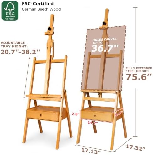 DJAR Solid Beech Wood H-Frame Art Easel with Storage Drawer, Natural | Artist Painting Stand for Adults, Holds Canvas up to 36", Main Mast Adjustable to 75", Great for Home Studios & Classroom