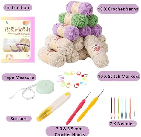 CSWCS Crochet Blanket Kit for Beginners, 40 inches Flower Bouquet Shawl Throw Kits for Adults, Learn How to Knitting with Yarn, Hook & Instructions, Gifts for Women Home Decor (Lily of The Valley Kit)