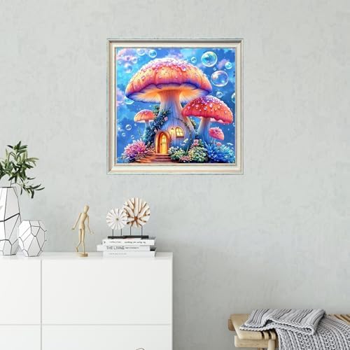 TYPUSOK Mushroom Diamond Art Kits for Adults,Round Full Drill 5D Diamond Painting Kits for Beginners,Mushroom House DIY Diamond Dots Pictures Gem Art Kit,Home Wall Decor 13.78x13.78in