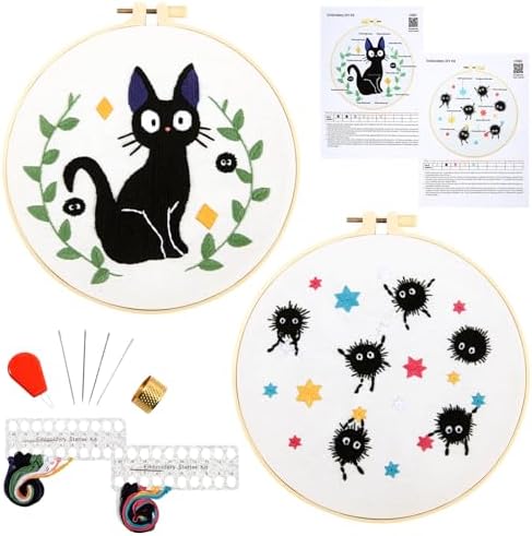 Cat Embroidery Starter Kit for Beginners Adults, Animal Stamped Cross Stitch Kit for Adult Beginner, Hand Embroidery Needlepoint Kits, 2 Set Embroidery Supply, 2 Hoops (Attached Video Tutorial)
