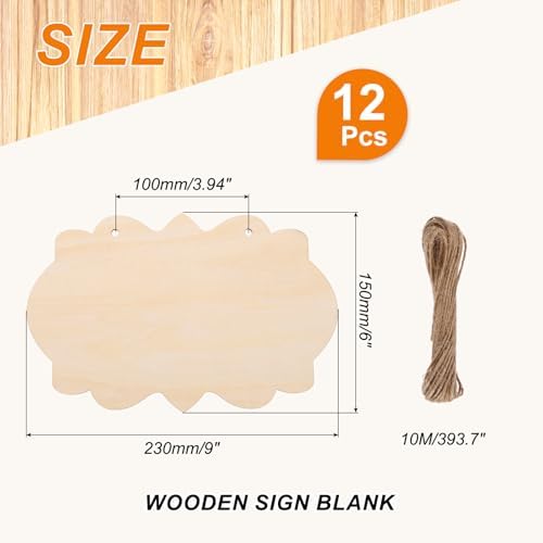 MECCANIXITY Unfinished Hanging Wood Sign Blank with Ropes 9"x6" Unfinished Wood Crafts Boards Wooden Plaques for Crafts DIY Painting Burning Carving Door Wall Decoration, Style 9, Pack of 12