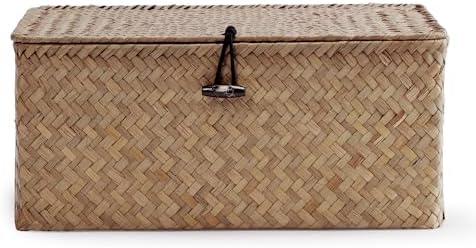 Nonam Small Wicker Basket with Lid,Seagrass Shelf Storage Basket,Coffee