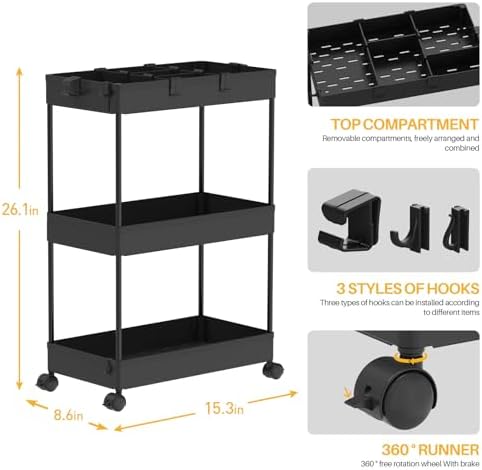 SPACELEAD 3 Tier Rolling Cart with Wheels, Storage Craft Art Trolley Organizer Serving, 3 Hanging Baskets Easy Assembly, for Office, Bathroom，Living Room, Kitchen, Black