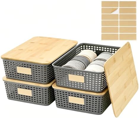 Bagnizer 4 Pack Plastic Storage Bins with Bamboo Lids, 6.2qt Stackable Storage Organizer Box with Lable for Pantry Shelves Drawers Desktop Office, 12"L x 8.3"W x 3.5"H, Gray