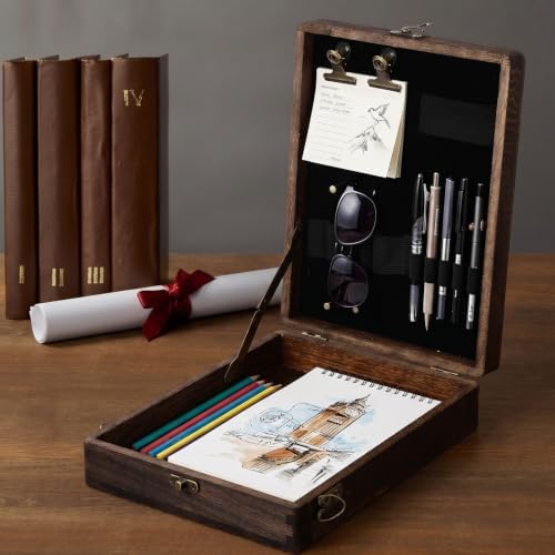 Junkin 4 Pack Writers Messenger Wood Box, Handmade Retro Crossbody Sketch Tool Box, Paulownia Wood Portable Artist Brush Storage Boxes Sketch Easel for Outdoor Painting, Stationery Storage(Walnut)