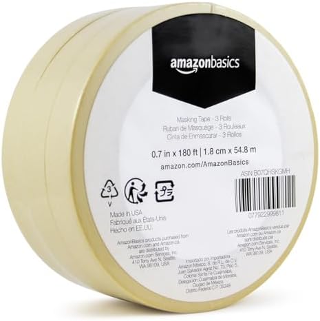 Amazon Basics Low Tack Masking Tape, General Purpose, Hand Tearable, Removes Easily, for Labeling, 0.7 inch x 180 feet, Beige, 3-Pack
