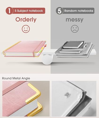 Hardcover Spiral Notebook 8.5"x11" Journal with Removable Dividers Tabs, 300 Pages Leather 5 Subject Notebook College Ruled, Large Notebooks for Work School, Lined Journal for Women, A4 Rose gold