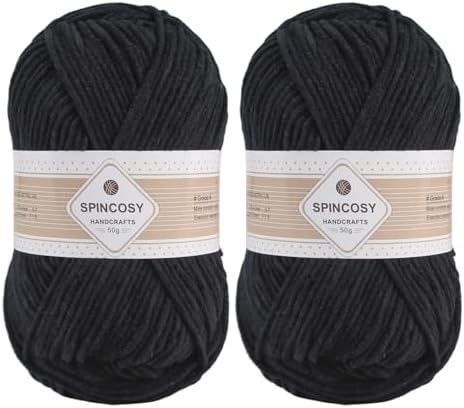 Skinny Chenille Yarn, 2 Pack of 50g/120 Yards Fluffy Soft Polyester Crochet Yarn Sutible for Colorful DIY Crafts Blankets Plush Dolls (Black)