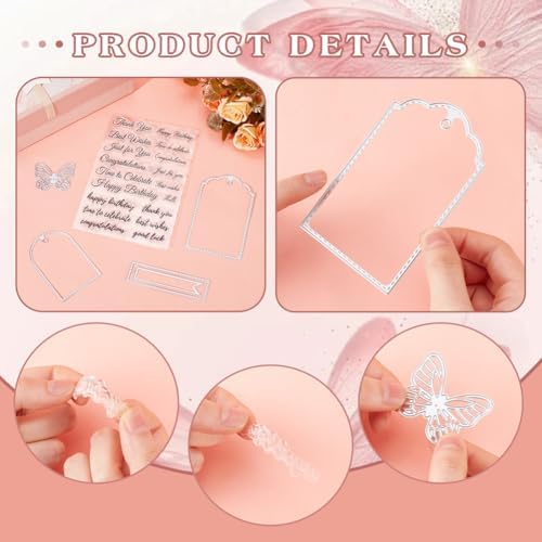 INFUNLY Word Label Tag Clear Stamp and Die Cut for Card Making Word Cutting Die Butterfly Die Cut Happy Birthday Word Clear Stamps for DIY Craft Scrapbooking Blessing Easter Greeting Card Decor