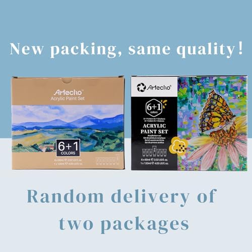 Artecho 7 Colors Acrylic Paint 6x60ml & 1x120ml Titanium White Tube | Semi Glossy Finish, High Pigment Rich Color Craft Paint for Canvas, Rocks, Wood, Fabric, Ceramic, Non-Toxic