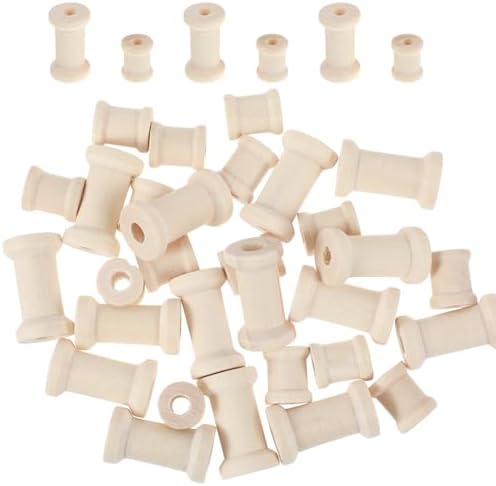 RAHHLIZS 30 Pcs Wooden Spools, Natural Wooden Spools for Crafts, Unfinished Empty Wood Bobbins for Sewing Embroidery Machines Organizing Cord Twine Ribbon Chains Elastic Threads