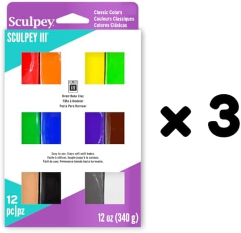 Sculpey Oven-Bake Clay, Sculpey III Classic Assortment, 12 Bars/Set, 3 Sets | Polymer Clay, 12 Colors, 1 oz. Bars, Perfect for Jewelry, Home Decor, and General Crafting, Class Pack, 36 Bars of Clay Total