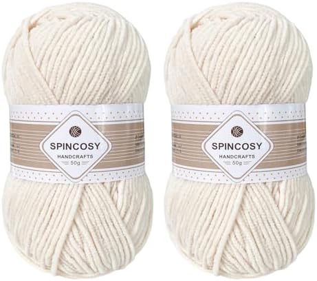 Skinny Chenille Yarn, 2 Pack of 50g/120 Yards Fluffy Soft Polyester Crochet Yarn Sutible for Colorful DIY Crafts Blankets Plush Dolls (Off-White)