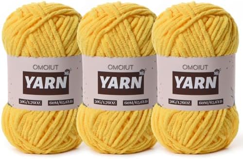 3 Packs Plush Chenille Chunky Crochet Yarn - Baby Yarn for Crocheting Soft - Velvet Yarns Knitting for Blankets Crafts - Fluffy Amigurumi Yarns 150g / 196.8yds (3 Golden Yellow)
