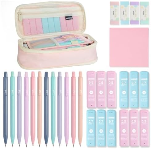 Aesthetic School Supplies with Cute Pencil Case, 12x Pastel Mechanical Pencils 0.5 & 0.7mm with 720x HB Leads, 4x Erasers and 1x Sticky Note, Suitable for Writing, Drafting Drawing Sketching(pink)